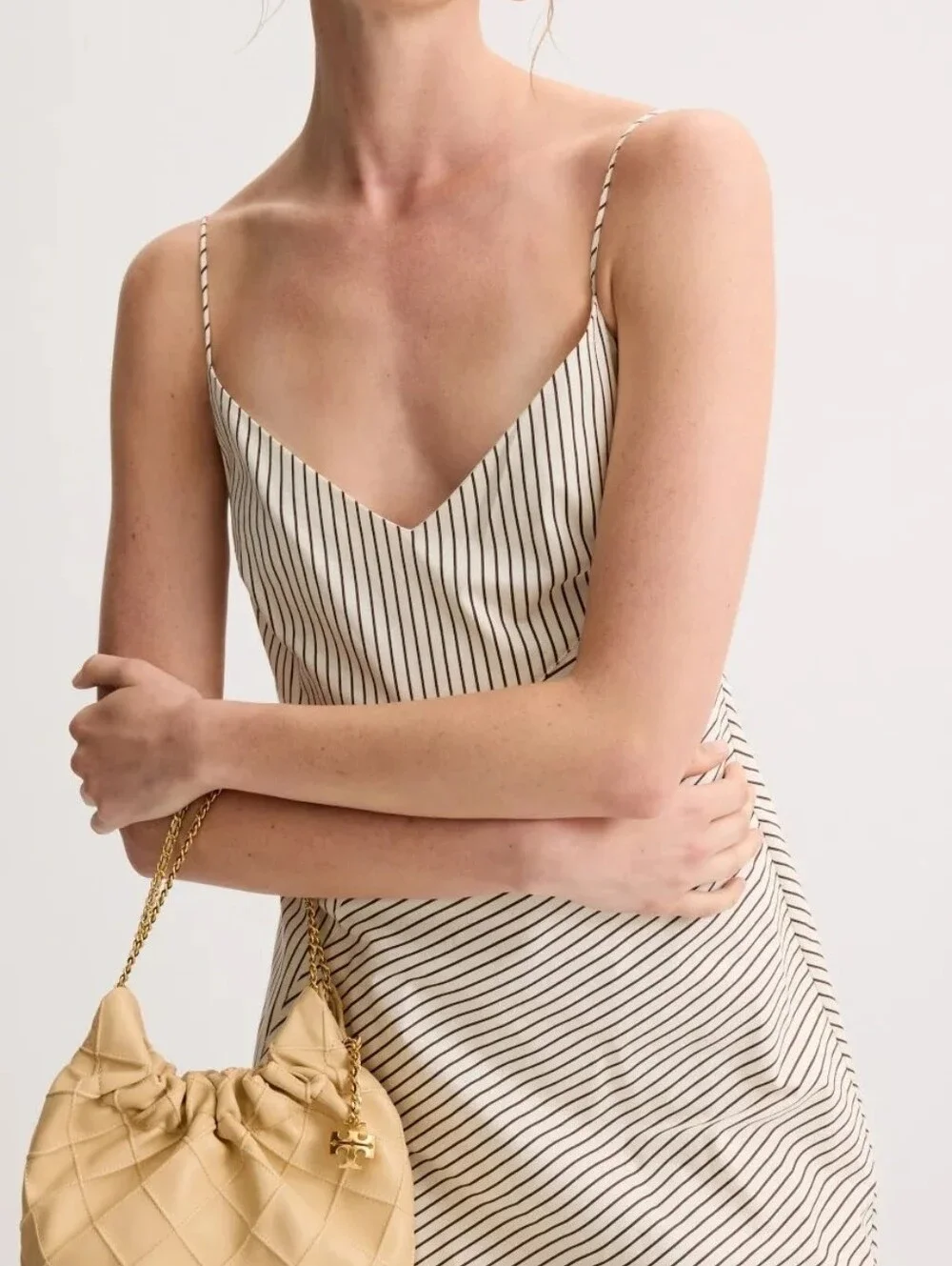 Tory Burch  Mini Fleming Chain Strap Hobo Bag Cream And Gold